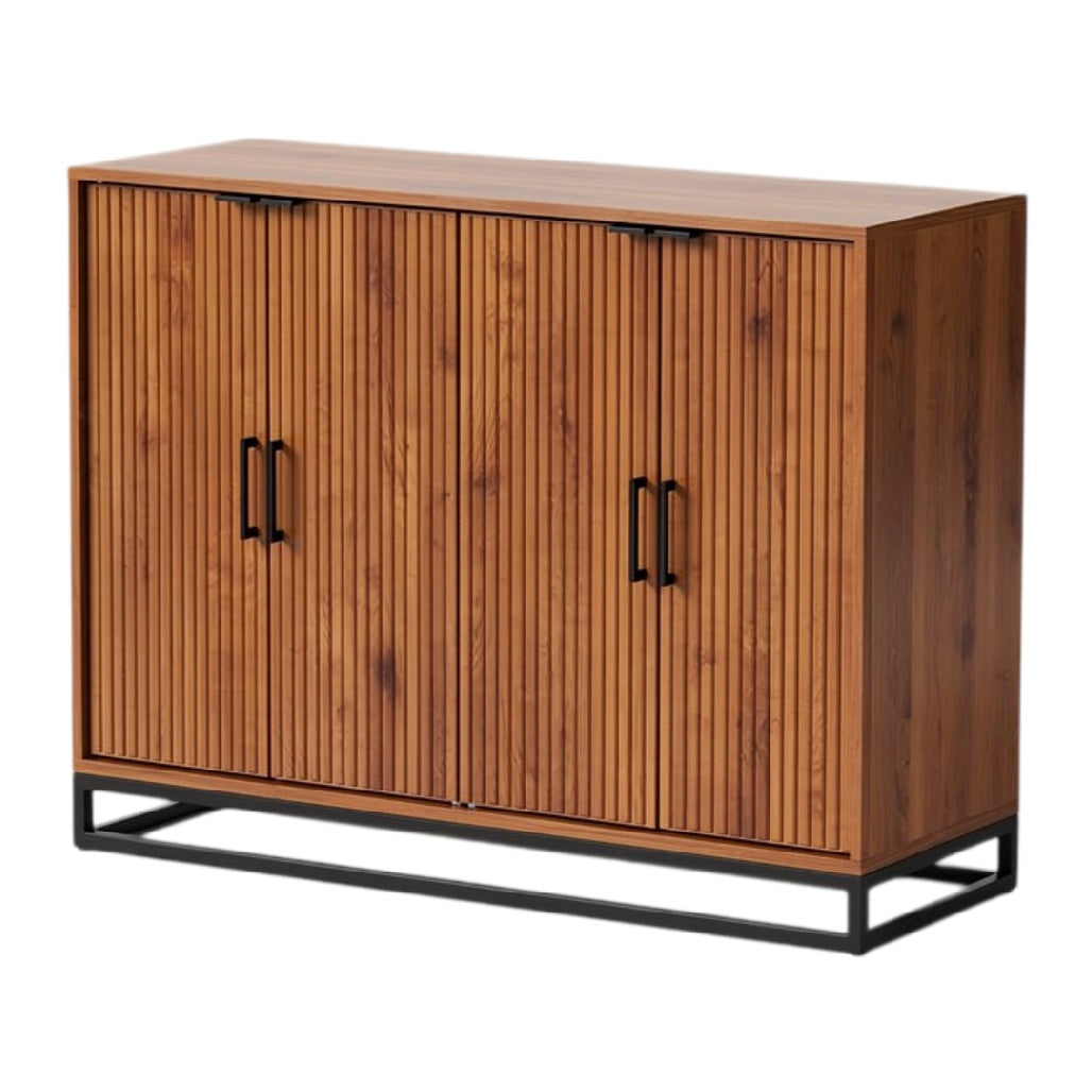 **Technische titel in het Nederlands: Moderne houten kast met horizontale lamellen en metalen basis**