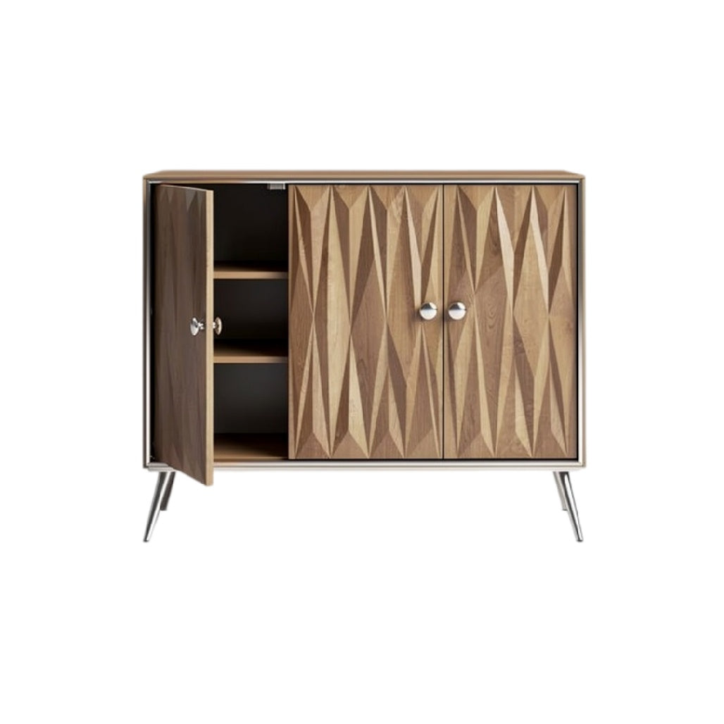 **Moderne houten kast met geometrisch design en metalen poten**
