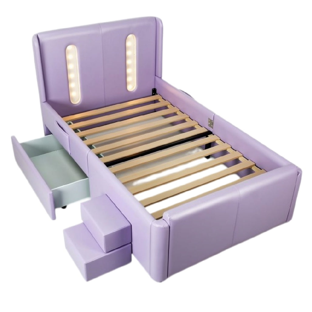 **Technische titel in het Nederlands: Luxe Lila Bed met Opberglades en Verlicht Hoofdeinde**
