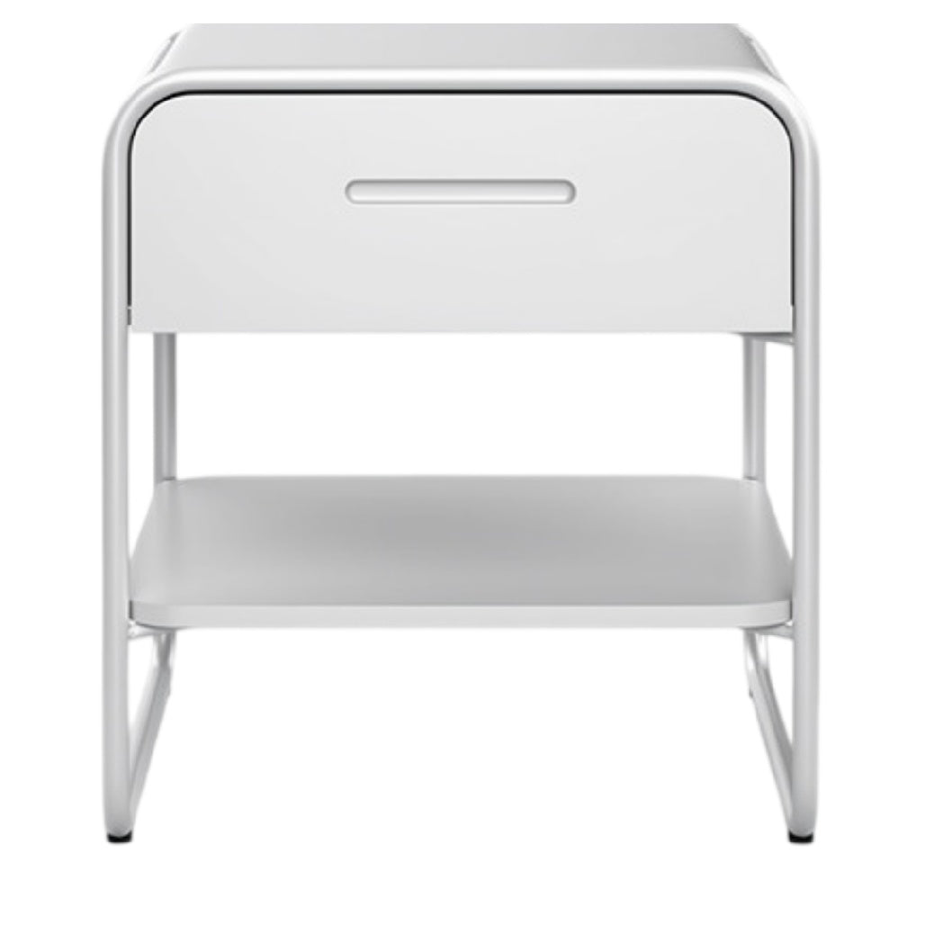 **Technische Titel in het Nederlands: Minimalistische witte nachttafel met lade en open plank**